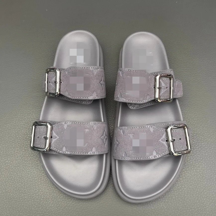 Louis Vuitton Pool Slide Silver Monogram Suede Slippers