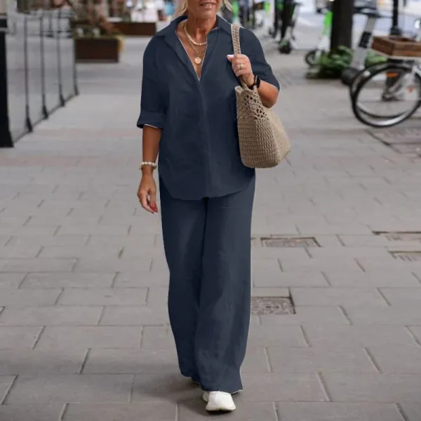 Design Linen Shirt and Pants Set Light Blue Casual Set - 5