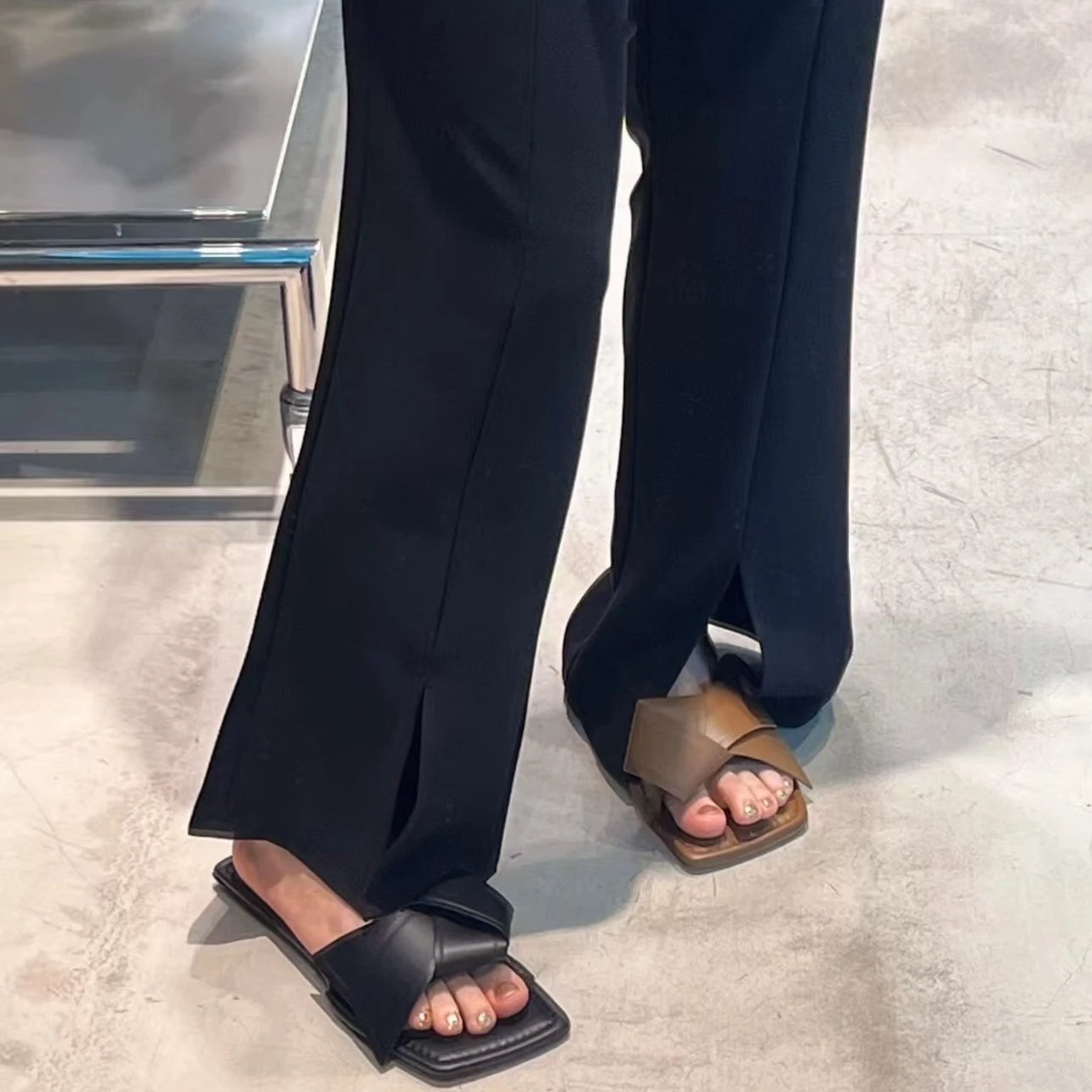 Faux Leather Square Toe Bow Slide Sandals