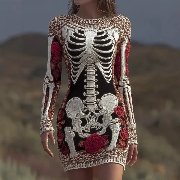 Design Skeleton Lace Mini Dress Pink and Black - 4