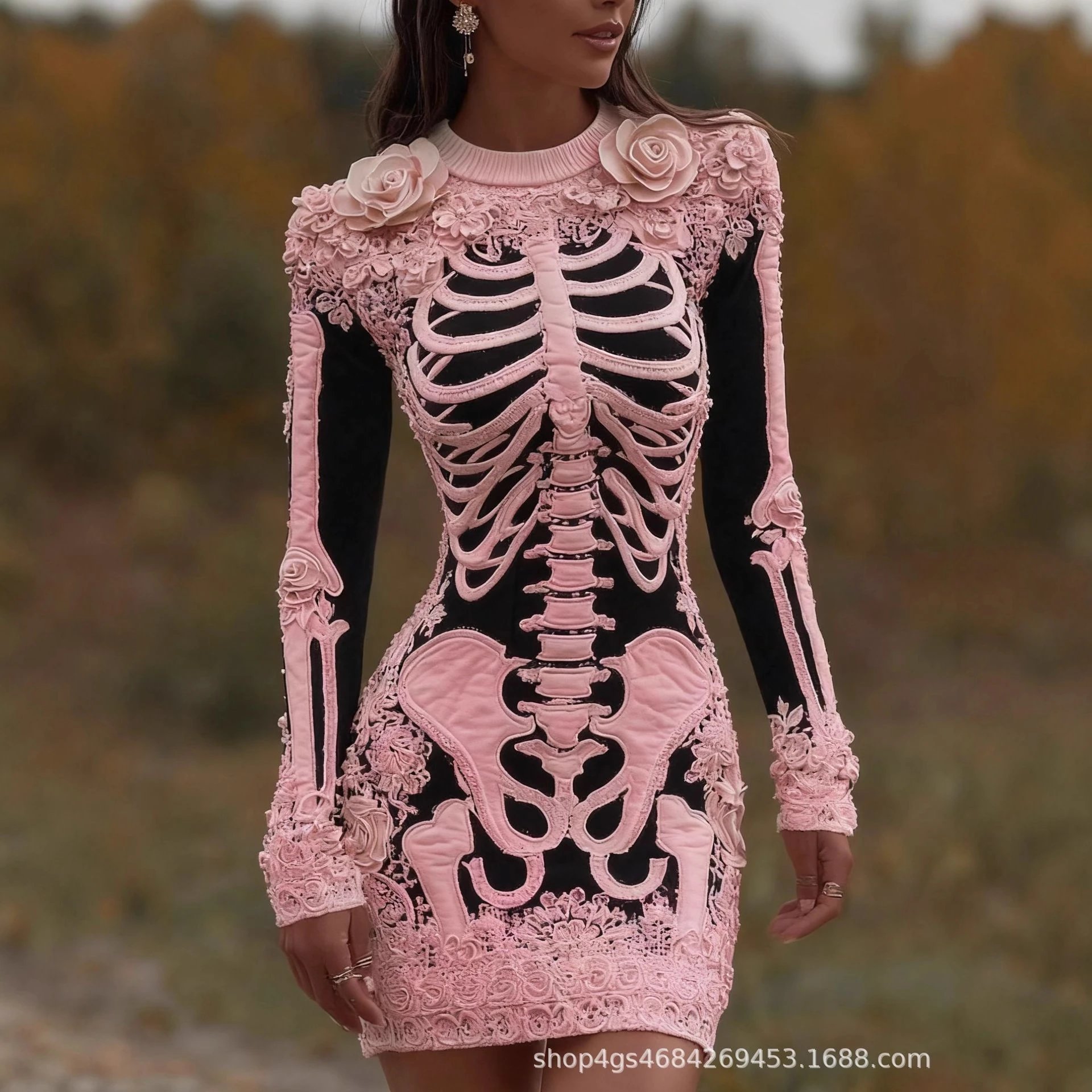 Skeleton Embroidered Black Red Floral Mini Dress