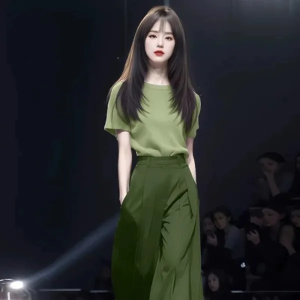Design Knit Short-Sleeve Top in Lime Yellow and High-Waisted Wide-Leg Pants in Black Clothing - 16