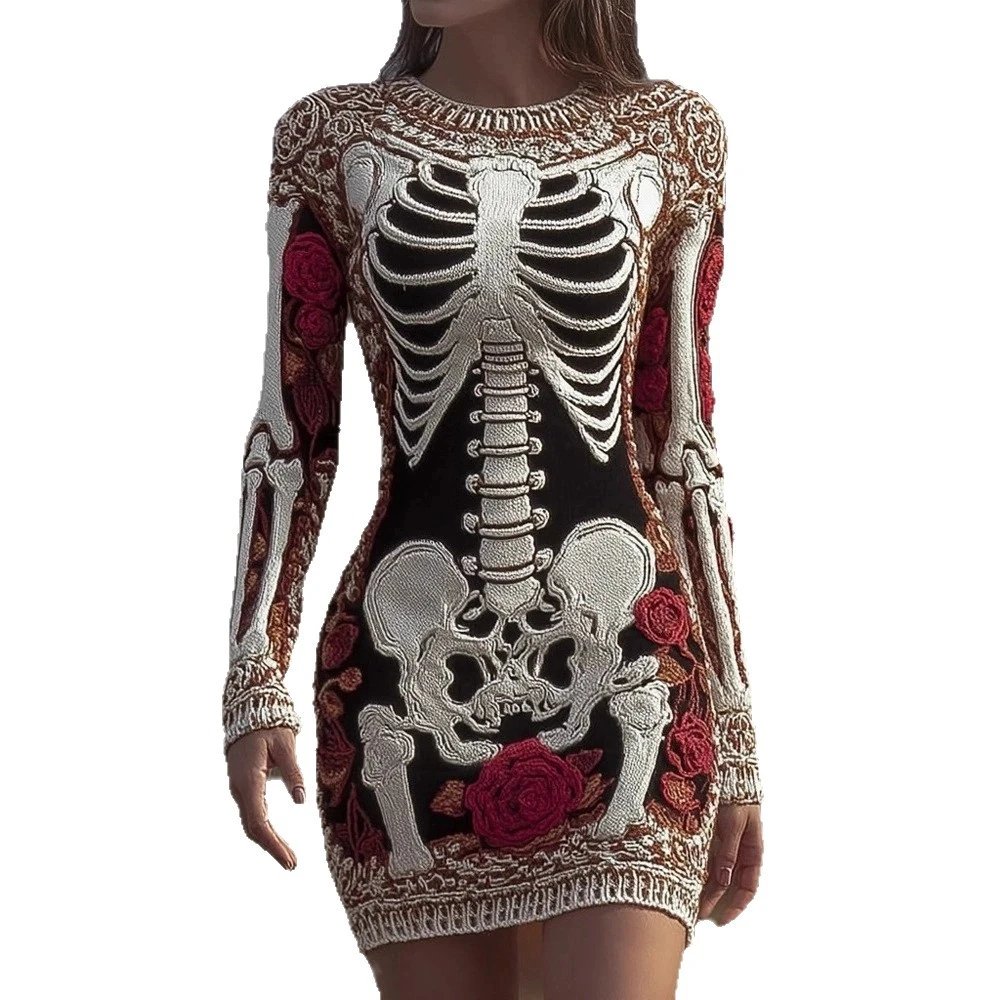 Skeleton Embroidered Black Red Floral Mini Dress