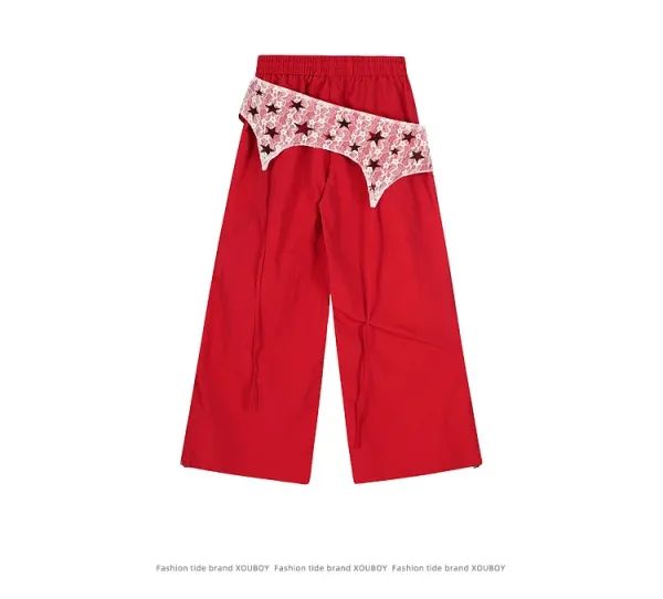 Design Lace-Overlay Wide-Leg Pants Red - 8