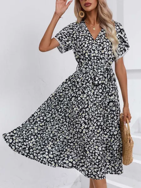 Design Floral Wrap Midi Dress Black White - 21