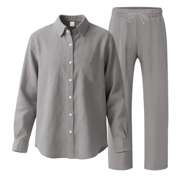 Design Linen Shirt and Drawstring Pants Set White Casual Set - 29