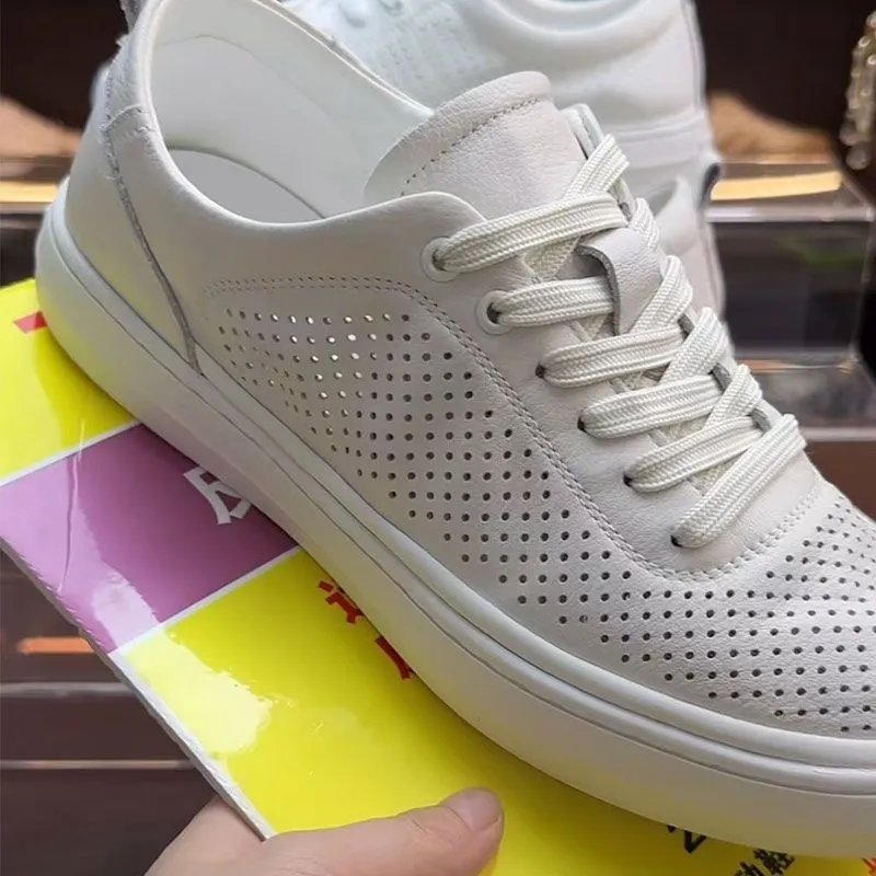 Design Perforated Leather Low-Top White Sneakers - 8