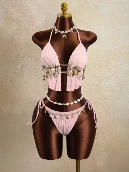 Design Seashell-Embellished Ribbed Pink Halter Bikini Set Swimwear - 9
