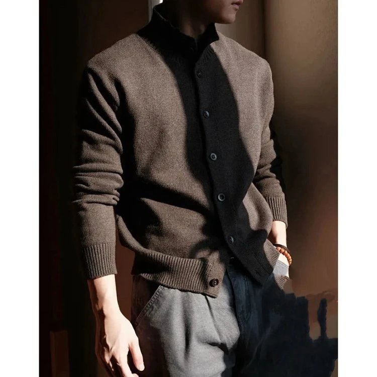 Design Beige Ribbed Collar Cardigan with Black Buttons Outerwear.cardigan - 13