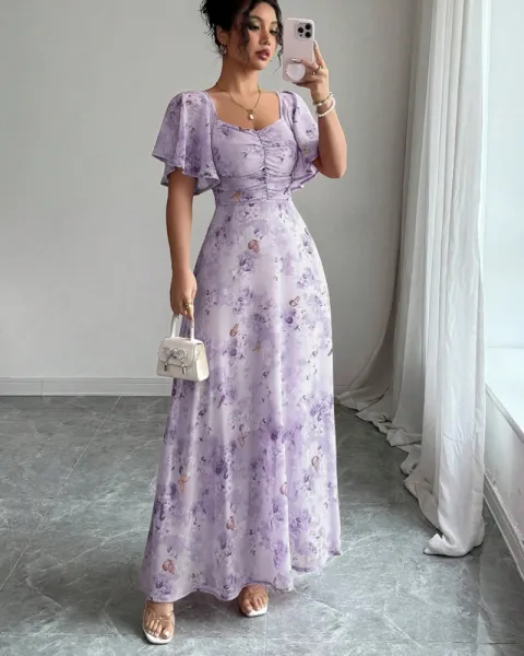 Design Floral Print Puff Sleeve Square Neck Maxi Dress - 10