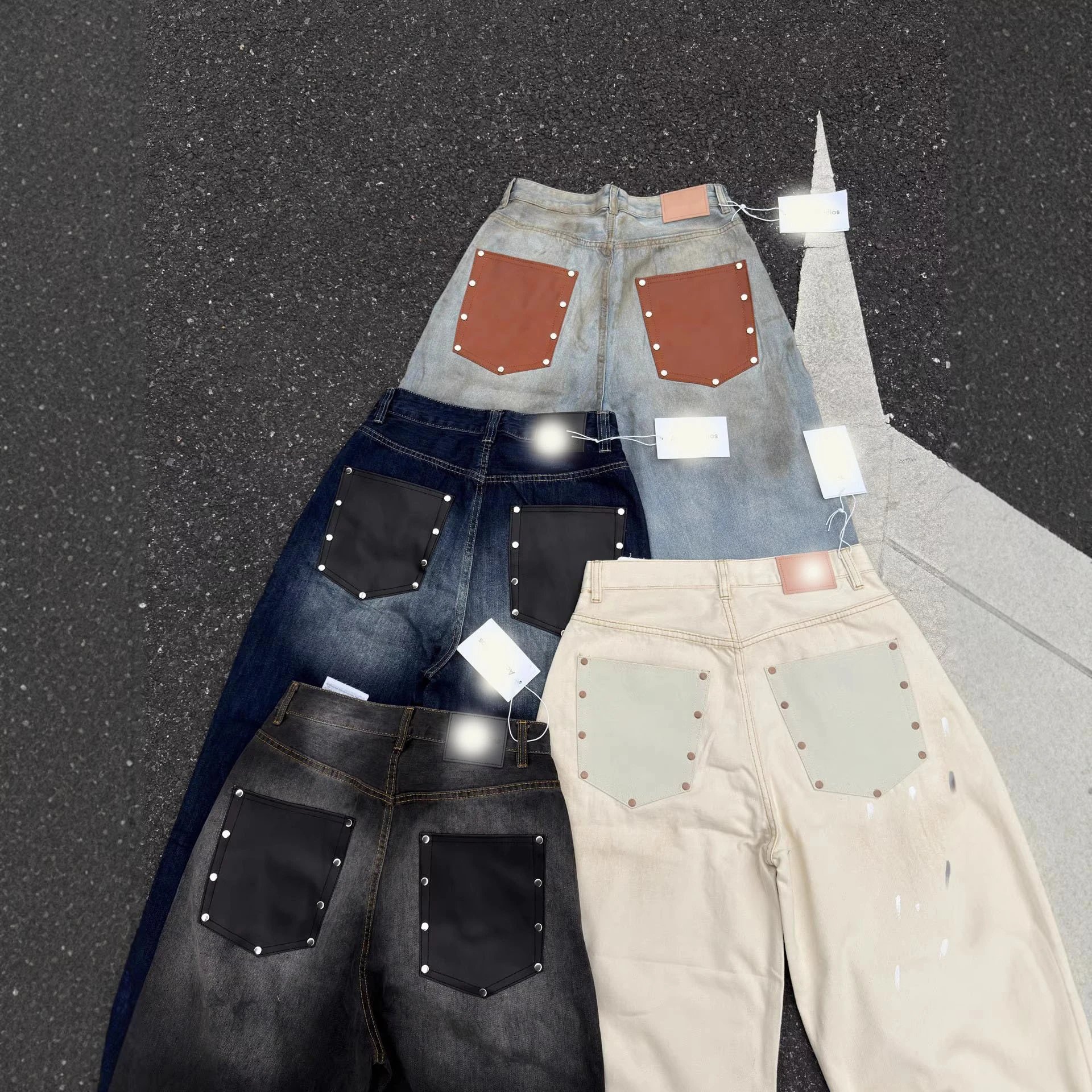 Studded Pocket Wide Leg Denim Jeans