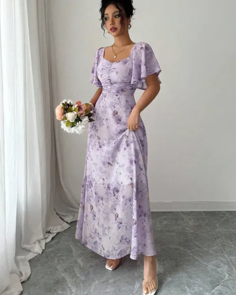 Design Floral Print Puff Sleeve Square Neck Maxi Dress - 12