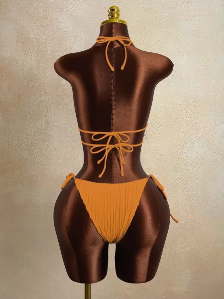 Design Seashell-Embellished Ribbed Pink Halter Bikini Set Swimwear - 15