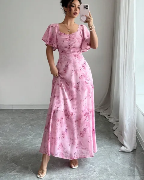 Design Floral Print Puff Sleeve Square Neck Maxi Dress - 23
