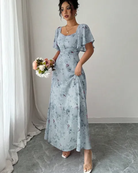 Design Floral Print Puff Sleeve Square Neck Maxi Dress - 26