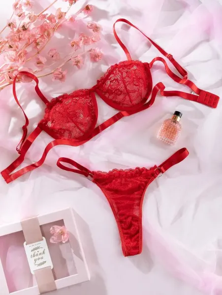 Design Red Lace Strappy Bra and Thong Set Underwear - 27