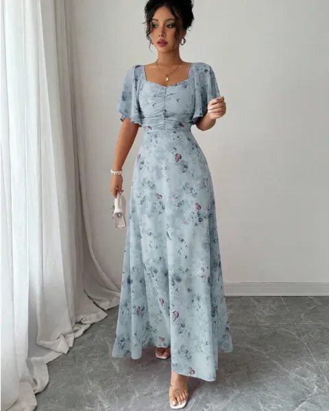 Design Floral Print Puff Sleeve Square Neck Maxi Dress - 27