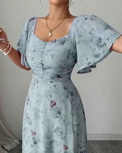 Design Floral Print Puff Sleeve Square Neck Maxi Dress - 29