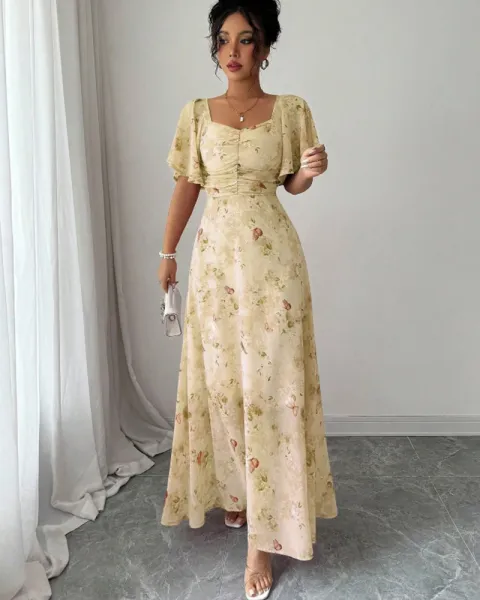 Design Floral Print Puff Sleeve Square Neck Maxi Dress - 30