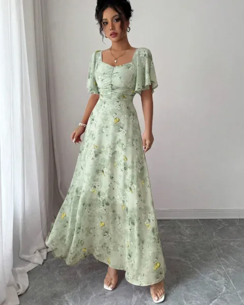 Design Floral Print Puff Sleeve Square Neck Maxi Dress - 36