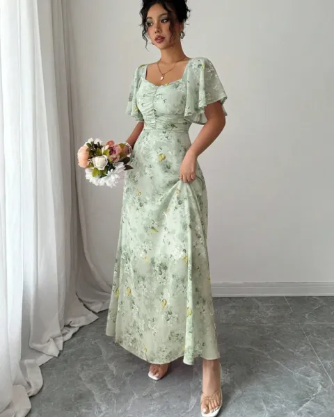 Design Floral Print Puff Sleeve Square Neck Maxi Dress - 41