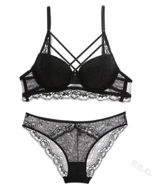 Design Black Lace Strappy Bra and Thong Set Underwear - 5