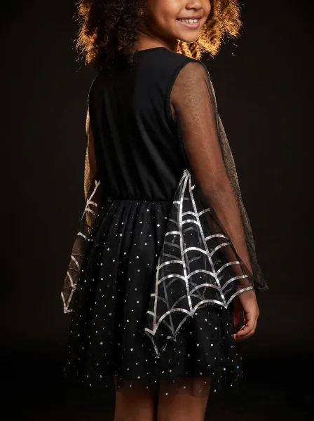 Design Batwing Spiderweb Costume Dress Black Silver Gold Kids Dress - 14