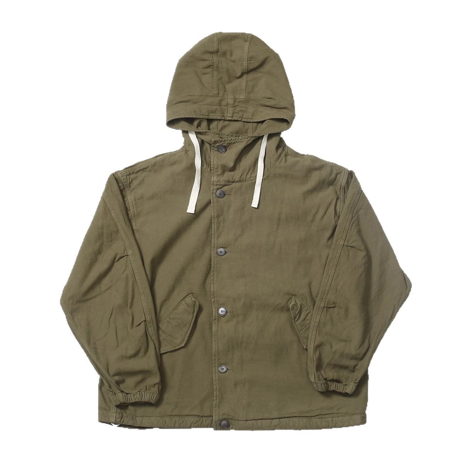 Olive Green Hooded Button-Up Field Jacket