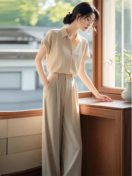 Design Beige Linen-Blend Shirt and Wide-Leg Trousers Set - 2
