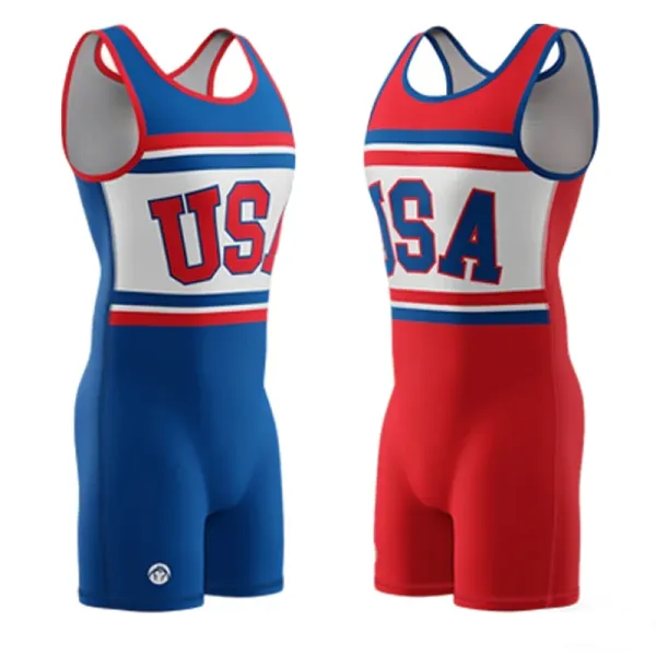 Design USA Wrestling Singlet Blue and Red Activewear - 1