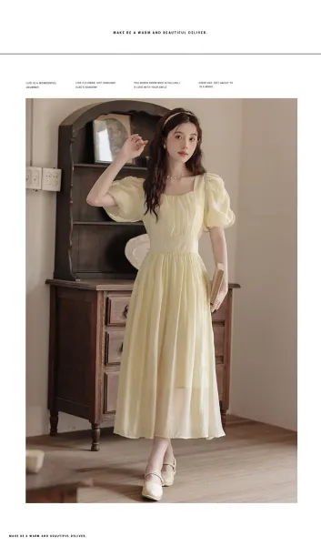 Design Yellow Puff-Sleeve Square-Neck Midi Dress - 11