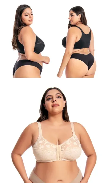Design Floral Lace Front-Closure Bra and Brief Set Beige Underwear - 16