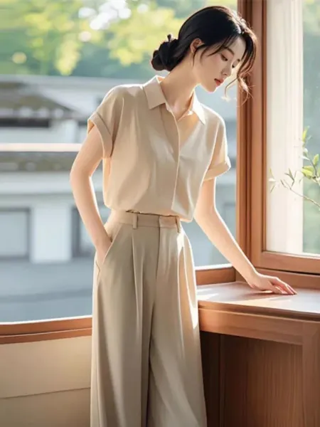 Design Beige Linen-Blend Shirt and Wide-Leg Trousers Set - 5