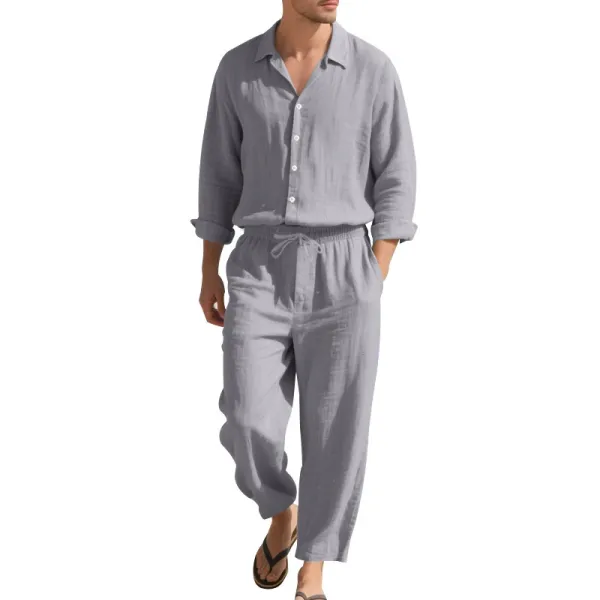 Design Linen Shirt and Drawstring Pants Set White Casual Set - 25