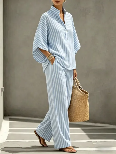 Design Striped Linen-Blend Shirt and Wide-Leg Pants Set Pink and White - 5
