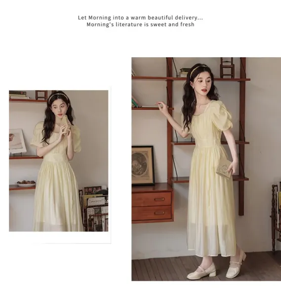 Design Yellow Puff-Sleeve Square-Neck Midi Dress - 13