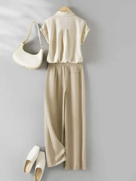 Design Beige Linen-Blend Shirt and Wide-Leg Trousers Set - 8