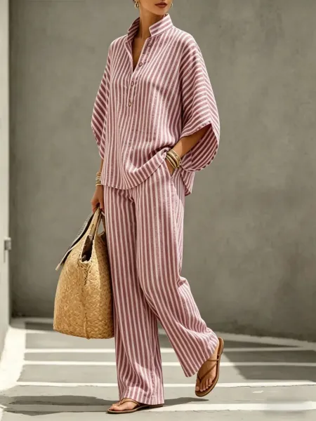 Design Striped Linen-Blend Shirt and Wide-Leg Pants Set Pink and White - 6