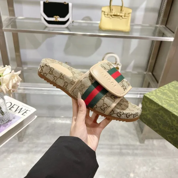 Gucci GG Marmont Slide Sandals Beige Canvas with Web Stripe Slippers - 9