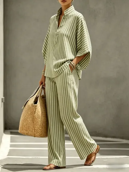 Design Striped Linen-Blend Shirt and Wide-Leg Pants Set Pink and White - 11