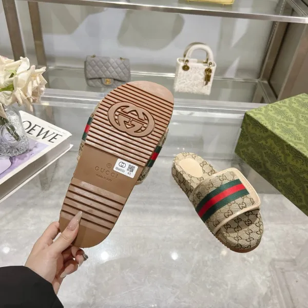 Gucci GG Marmont Slide Sandals Beige Canvas with Web Stripe Slippers - 10
