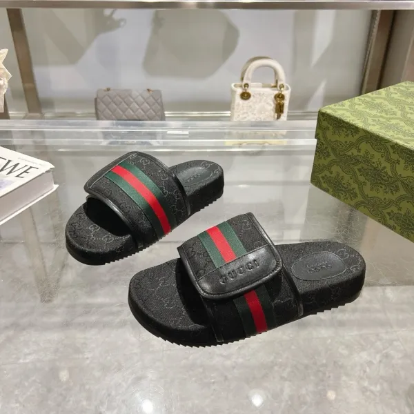 Gucci GG Marmont Slide Sandals Beige Canvas with Web Stripe Slippers - 4