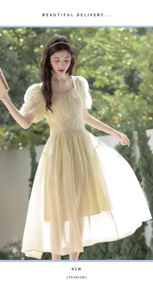 Design Yellow Puff-Sleeve Square-Neck Midi Dress - 16