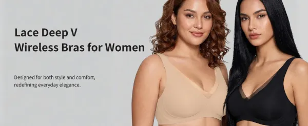Design Beige Seamless V-Neck Wireless Bra Underwear - 4