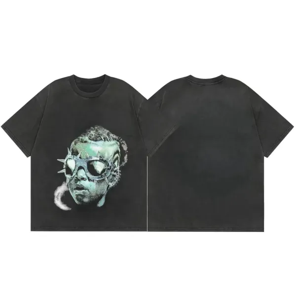 Design Graphic Hooded Face Print Black T-Shirt - 28