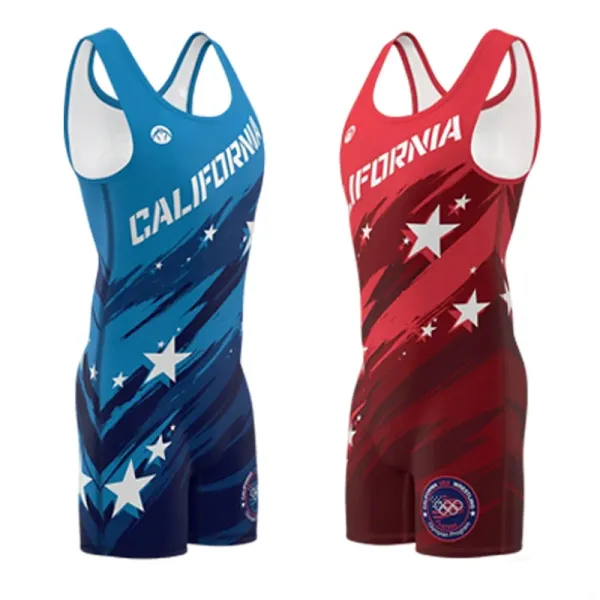 Design California Wrestling Singlet Blue and Red Star Pattern Activewear - 1