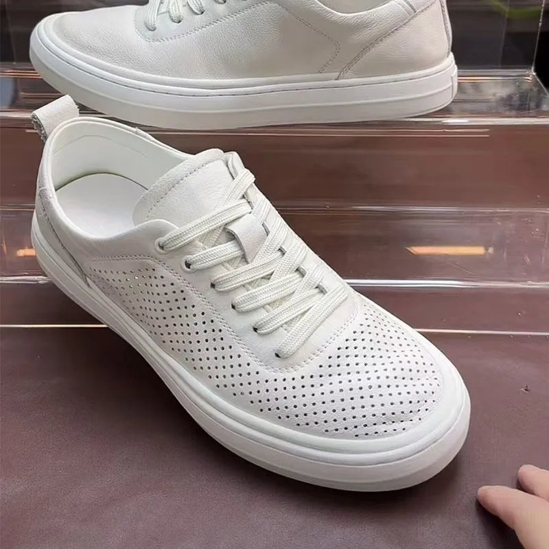 Design Perforated Leather Low-Top White Sneakers - 6