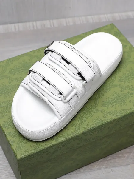 Design Slide Sandal White Leather Strap Slippers - 2