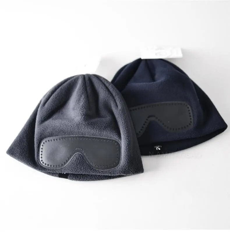 Design Fleece Beanie with Leather Eye Patch Detail Brown - 12