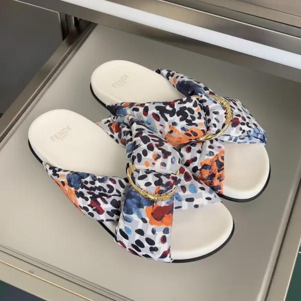 Fendi FF Logo Bow Slide Sandals Yellow and Beige Slippers - 4